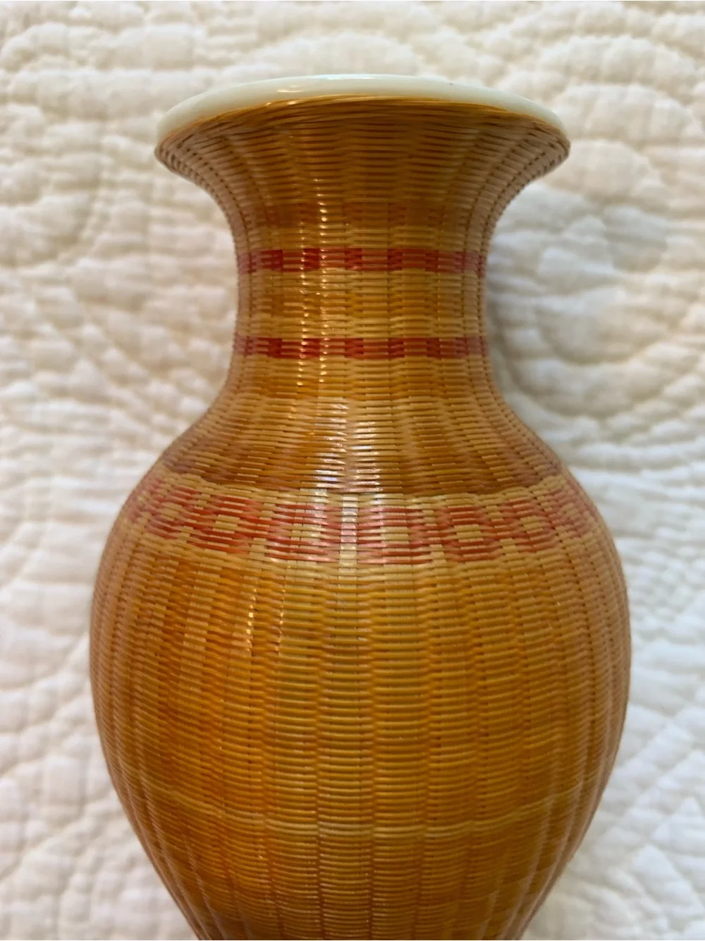 Vintage Chinese FINE Rattan Bamboo Woven Porcelain Vase